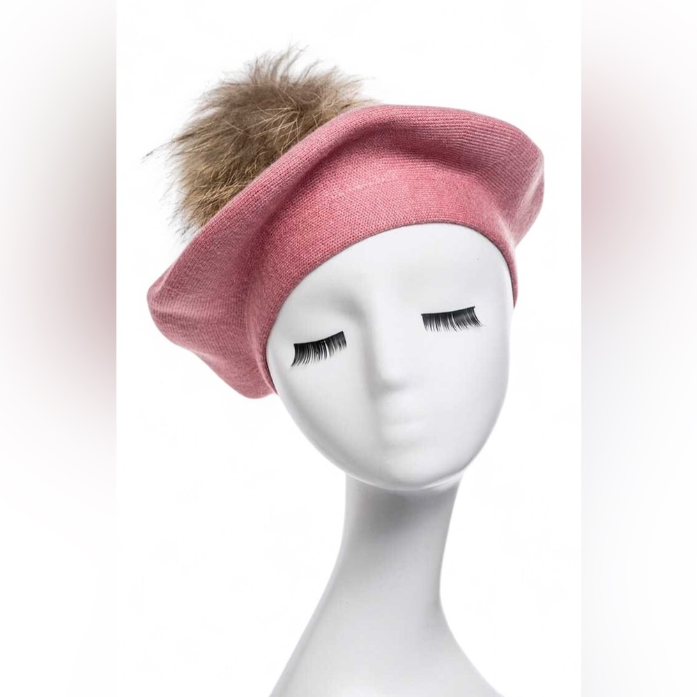Pink Cashmere Blended French Beret with Raccoon Fur Pom Hat